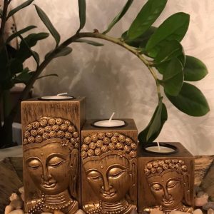 Conjunto Castiçal 3 Peças – Face de Buda Dourado