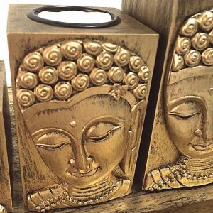 Conjunto Castiçal 3 Peças – Face de Buda Dourado